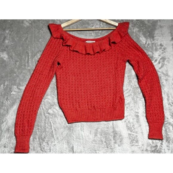 Anthropologie Sweater Ruffled Open Neck Jumper Cozy Soft Coral Pink Waffle Knit - Picture 13 of 14